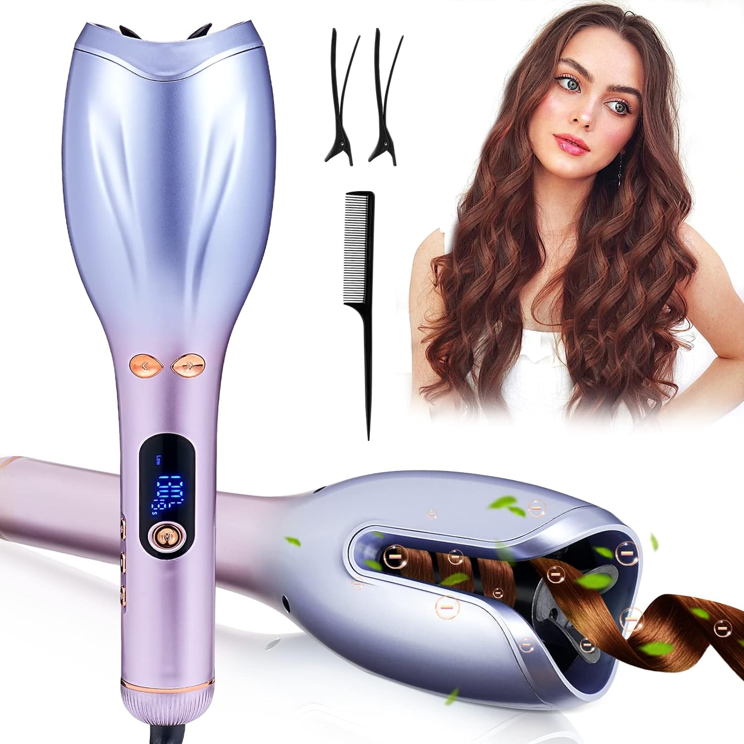Automatic Curling Iron, Portable Electric Curling Iron Hair Curling Wand with Adjustable Temperature and Timer, 30 Min Auto Shut-off, PTC Heating Automatic Hair Curler for Long Hair Styling Tool