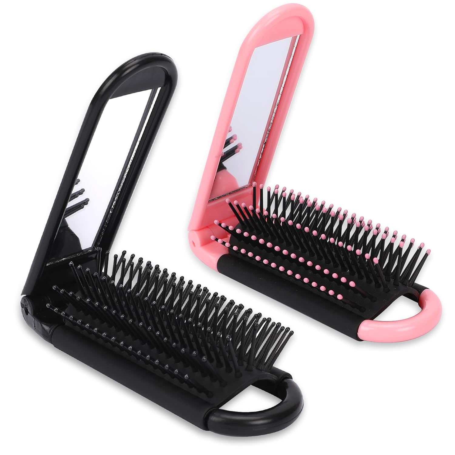Travel Hair Brush with Mirror,2 Pack Folding Hair Brush Wet Brush Travel Size Hair Massage Comb Compact Hair Brush Foldable Brush Pocket Hair Brush Hair Styling Tools Travel Brush（Black & Pink)