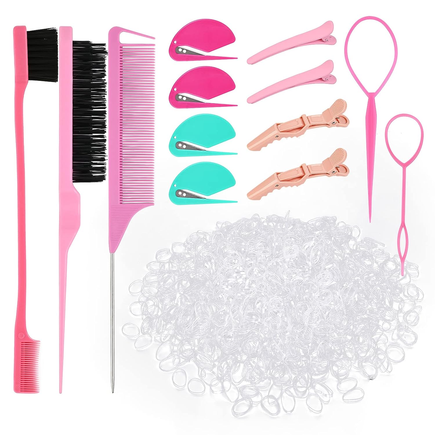 1500pcs Clear Mini Rubber Bands, 4 Pcs Rubber Band Cutter, 5pcs Hair Styling Tools Set, 4pcs Professional Alligator Clips Hair Accessories for Women and Girls -Clear