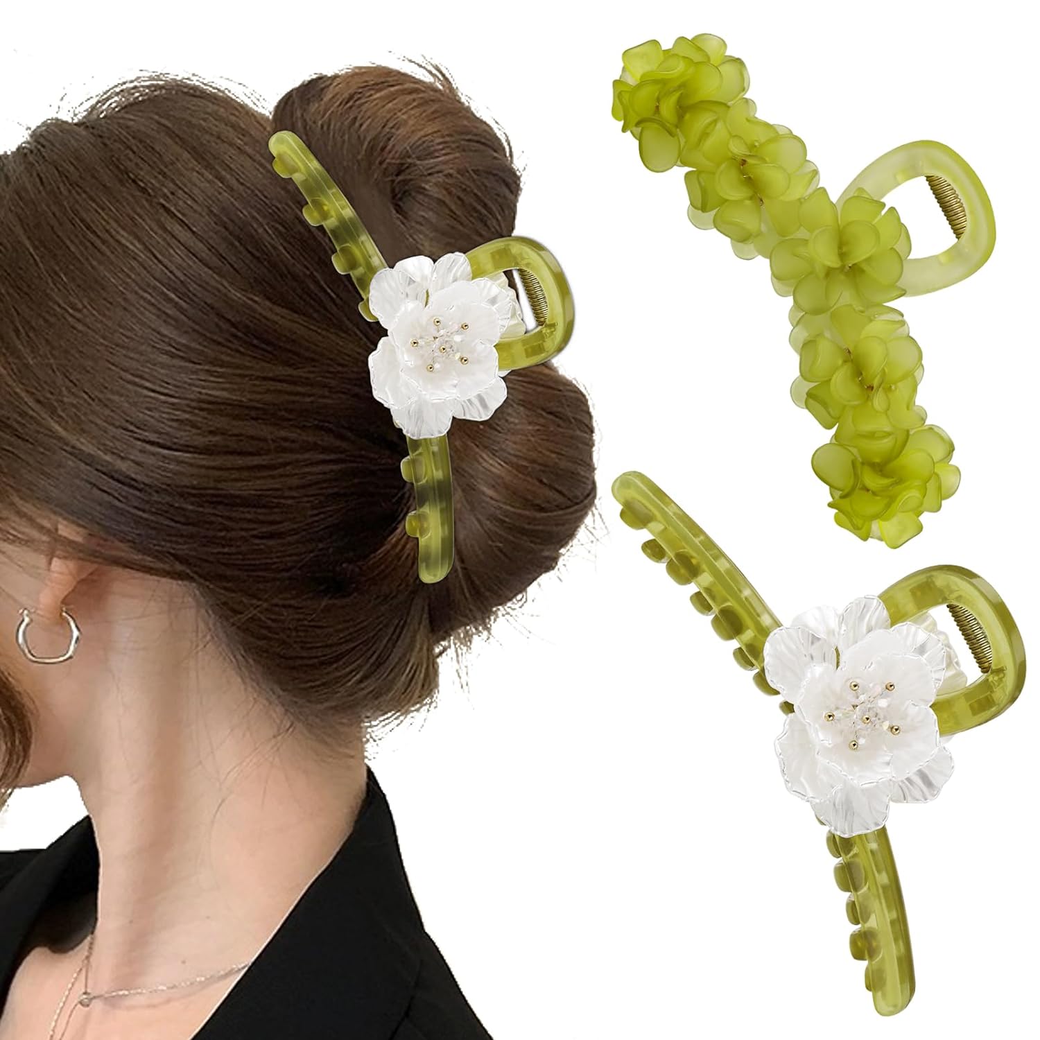 2 Pieces Hair Claw Clips,Plastic Hair Clips Non Slip Green Flower Hair Accessories for Women,Cute Hair Clips,Hair Styling Tools,Strong Hold Girls Large Jaw Clips for Thick Hair Thin Hair,Daily Wear