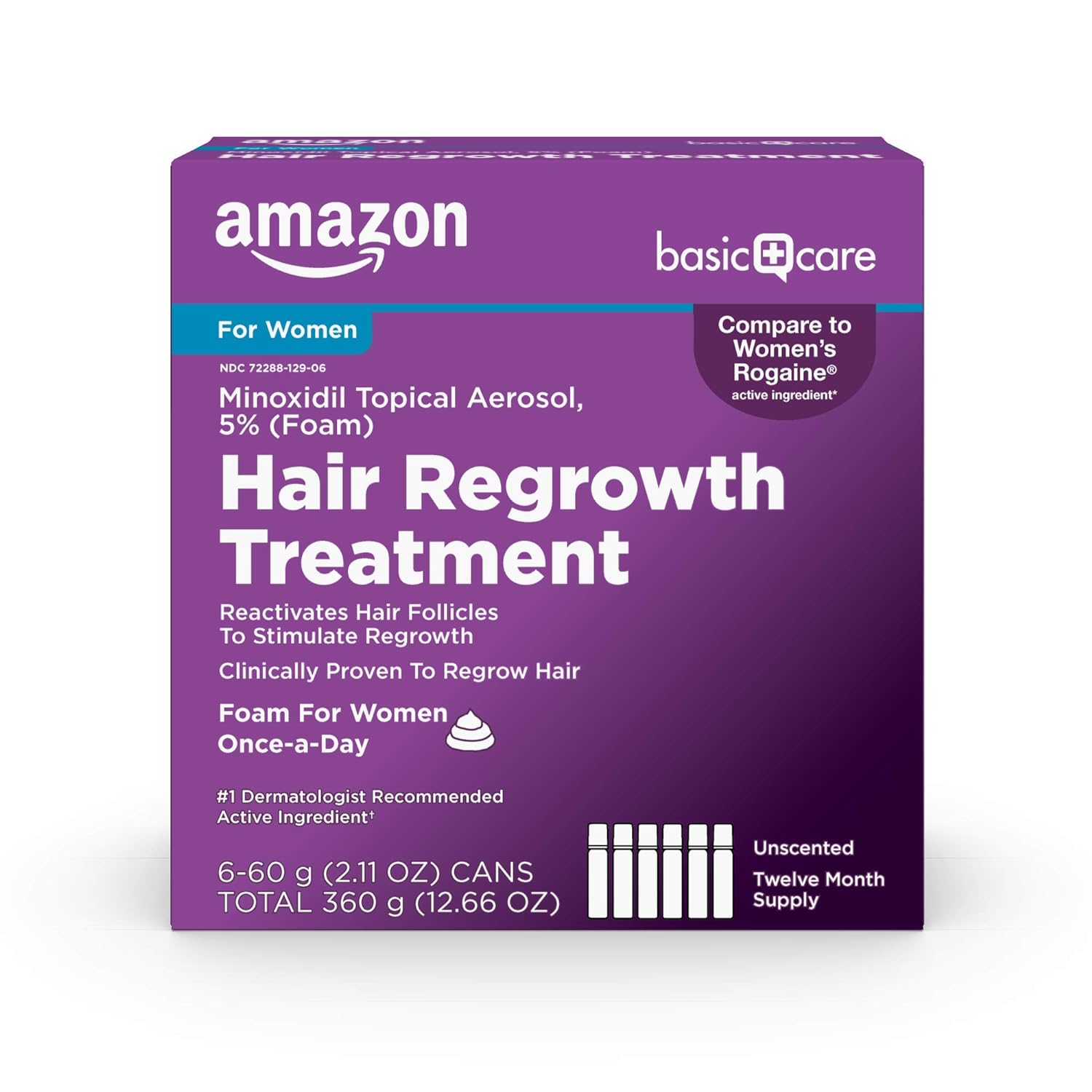 Amazon Hair Regrowth Treatment For Women, Minoxidil 5% Topical Aerosol (Foam), Unscented, 12 Month Supply, 2.11 Ounce (Pack of 6)