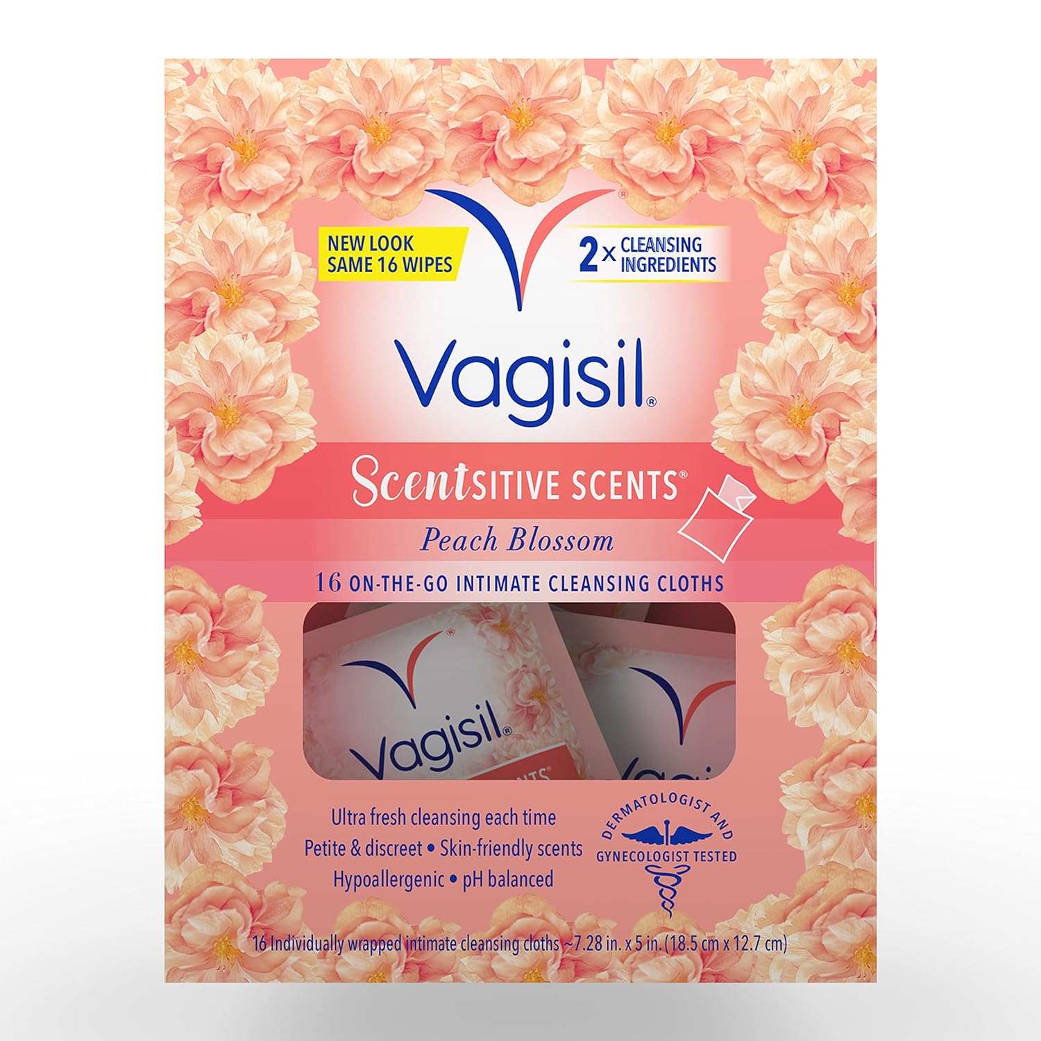 Scentsitive Scents On-The-Go Feminine Cleansing Wipes, pH Balanced, Peach Blossom, Individually Wrapped, 16 Count (Pack of 1)